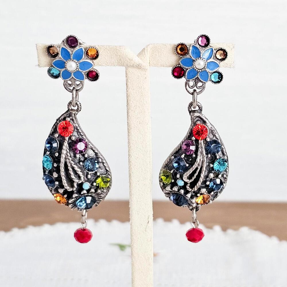 Mary DeMarco Large Rhinestone & Enamel Floral Earrings